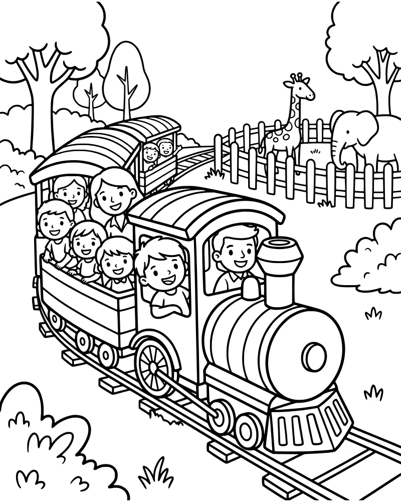 A cartoon steam train carrying children and adults through a zoo with a giraffe and an elephant standing behind a fence nearby.