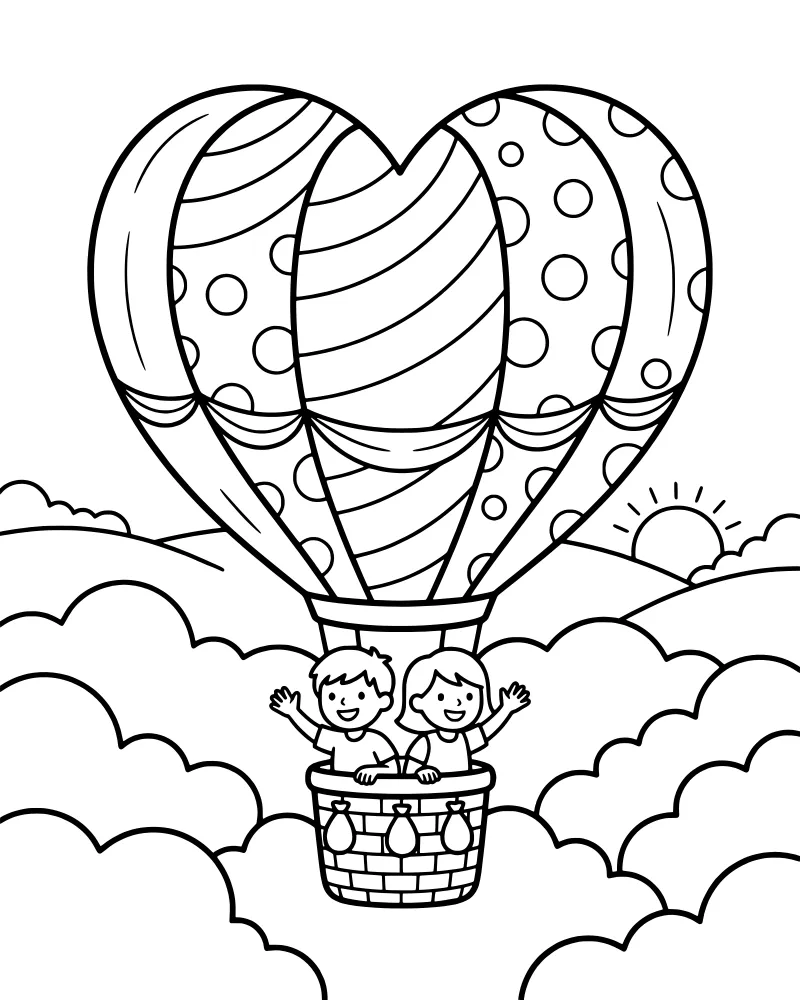 Two children smiling in a basket of a heart-shaped hot air balloon floating above clouds and hills with a sun in the background.