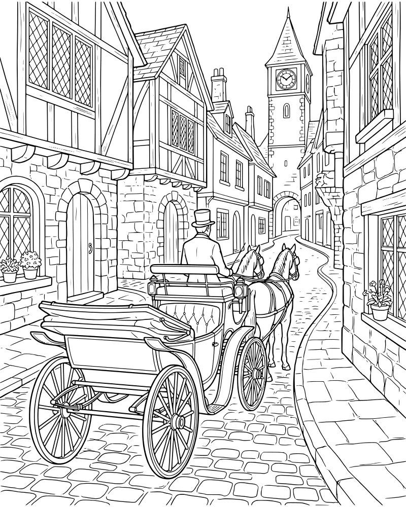 A horse-drawn carriage with two horses and a driver in a top hat on a cobblestone street in front of Tudor buildings and a clock tower.