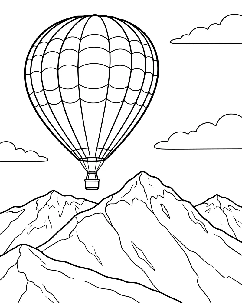 A cartoon hot air balloon with a basket floating above several jagged mountain peaks and fluffy clouds.