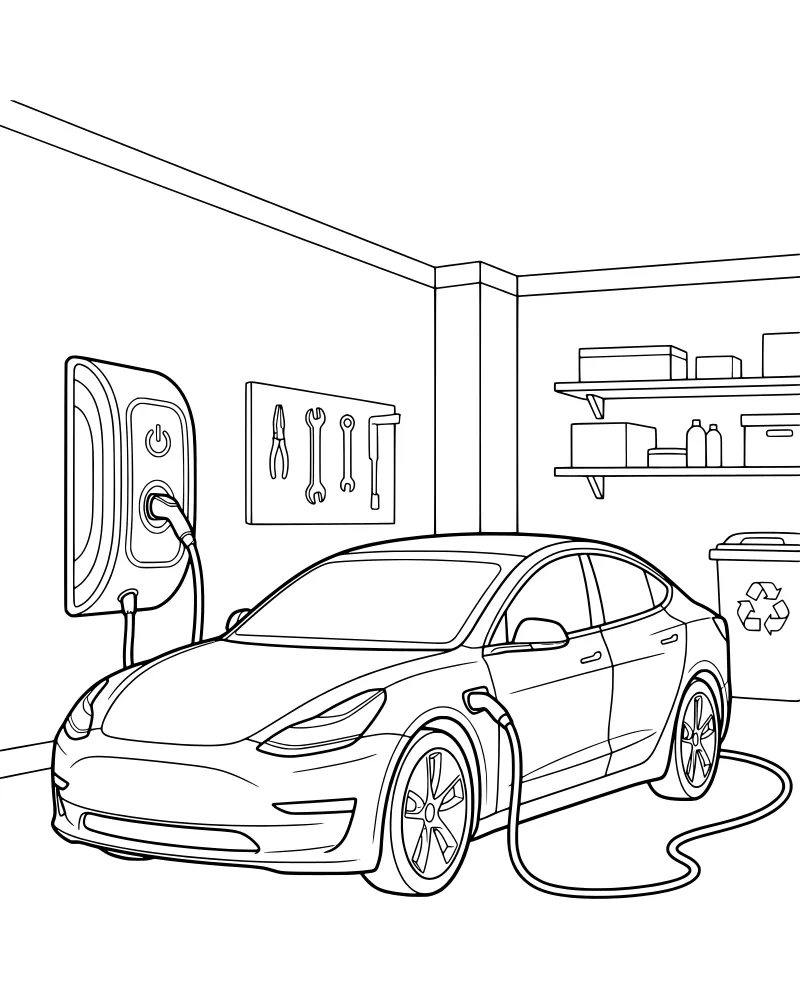 A cartoon electric car plugged into a wall charger in a garage with tools and a recycling bin.