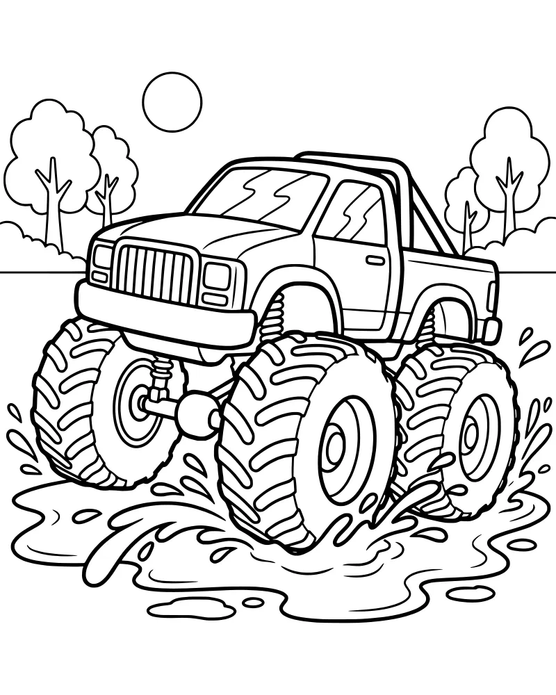 A cartoon monster truck with giant tires splashing through a mud puddle in a forest under a bright sun.