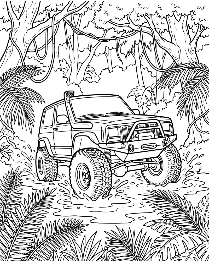A cartoon off-road vehicle with large tires and a snorkel splashing through a jungle river surrounded by vines and palm leaves.