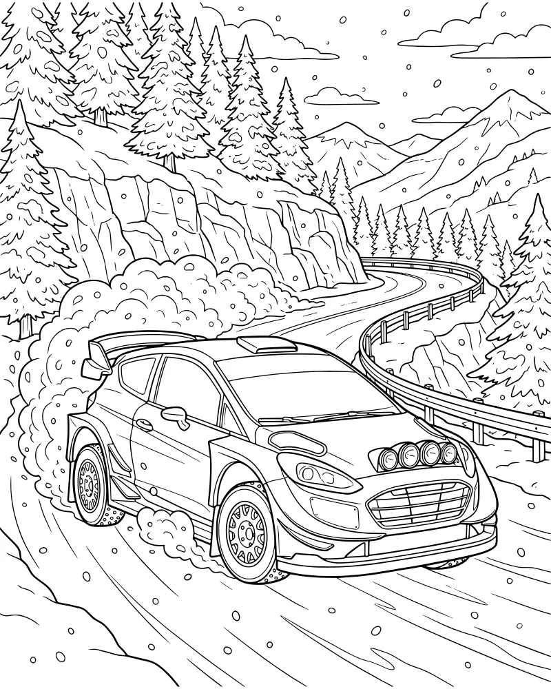 Cartoon rally car drifting around a snowy mountain curve with pine trees and falling snowflakes.