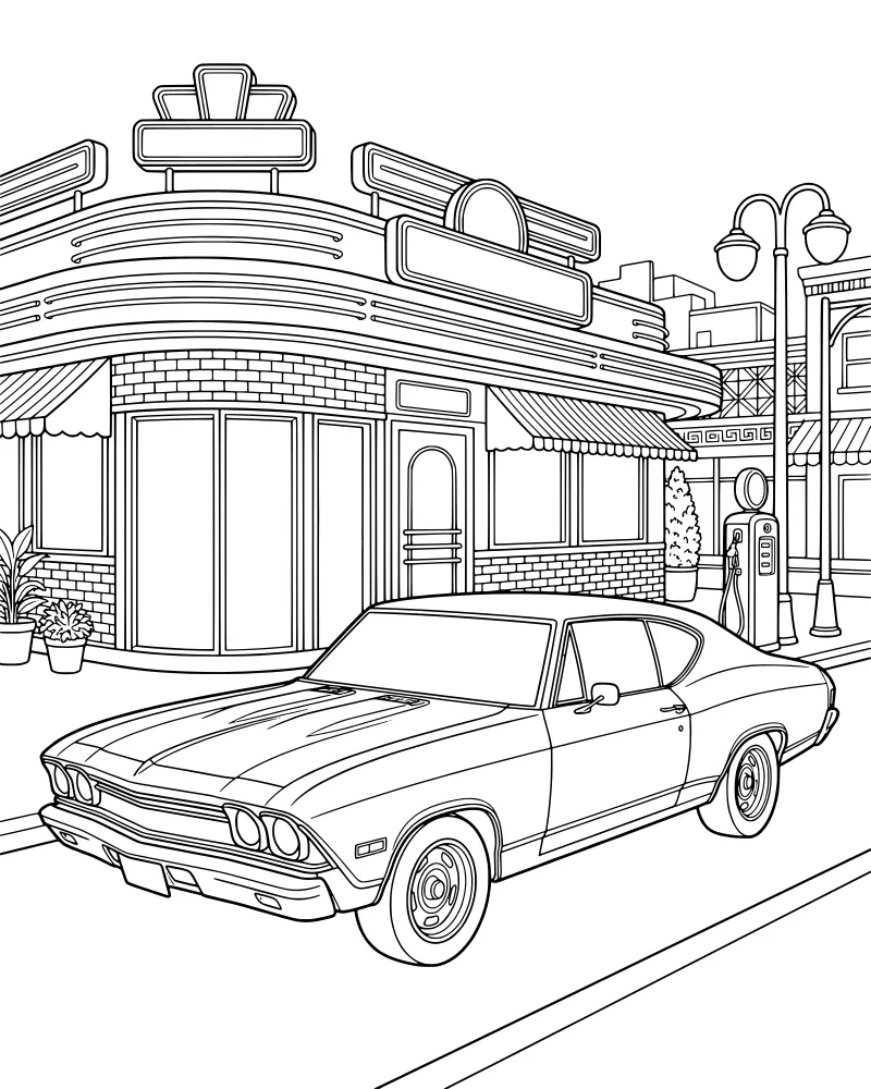 A vintage car parked on a city street in front of a 1950s style diner with a gas pump and brick buildings.