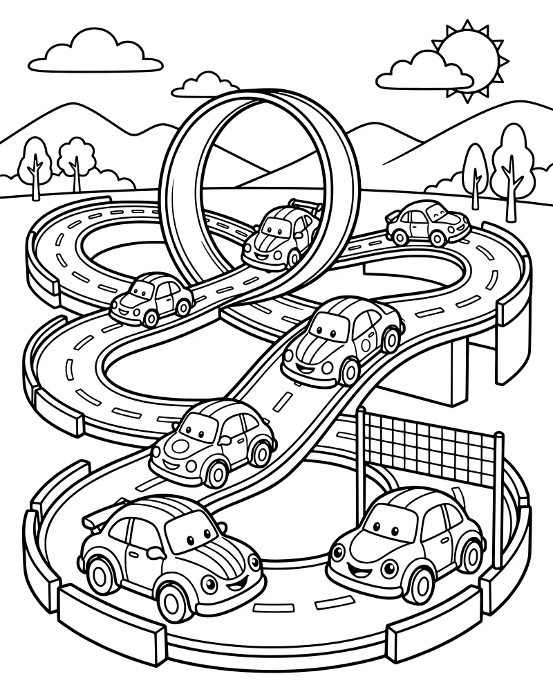 Cartoon race cars driving on a winding track with a loop-de-loop, mountains, trees, and a smiling sun in the background.