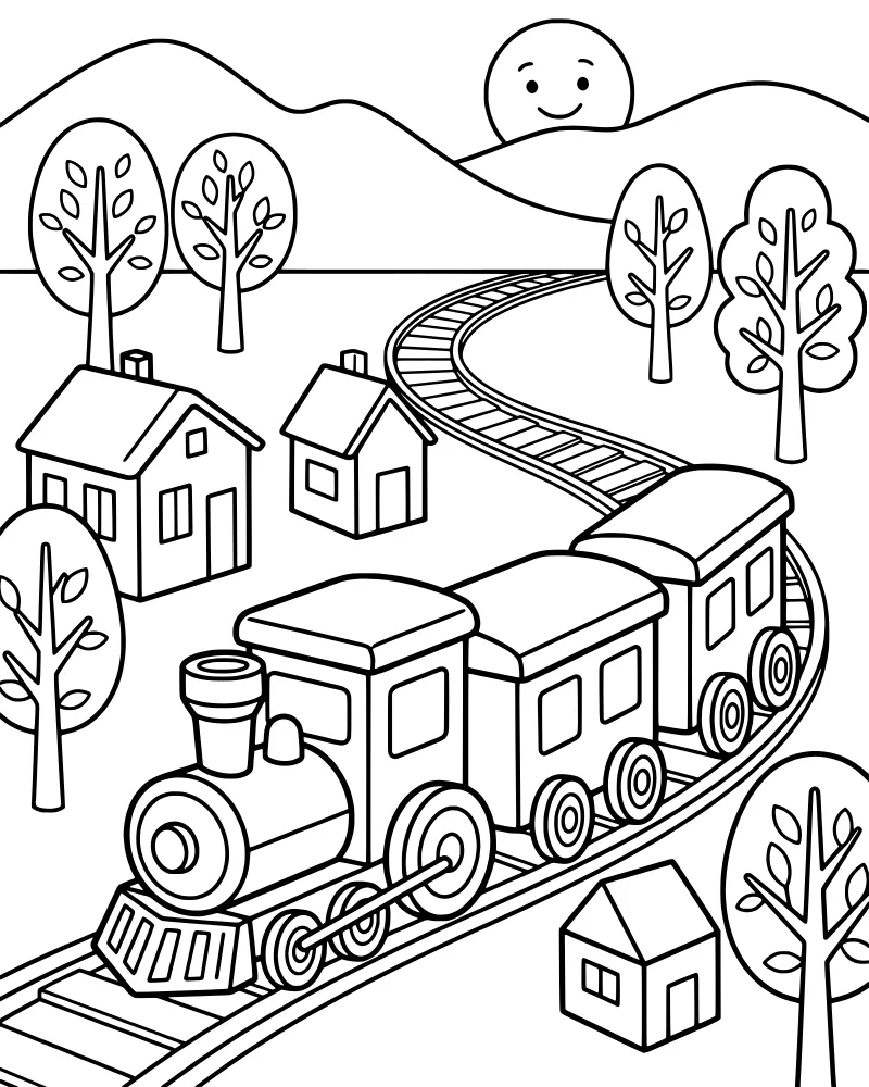 A cartoon steam train chugging on tracks through a hilly landscape with houses, trees, and a smiling sun in the sky.