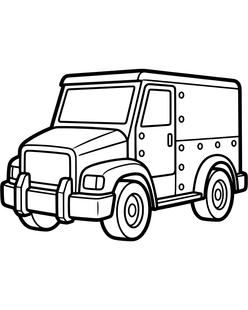 A cartoon armored truck seen from the side with visible rivets, large wheels, and a sturdy front bumper.