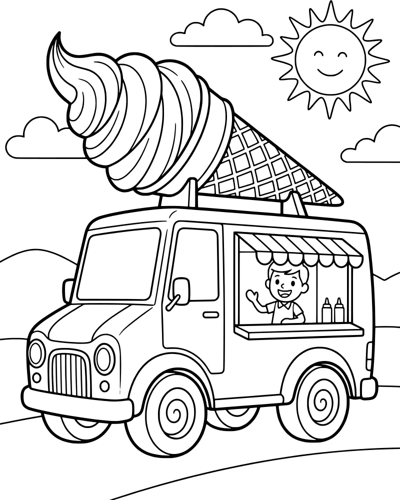 A cartoon ice cream truck with a giant three-scoop cone on top, a boy waving from the window, and a smiling sun in the sky.
