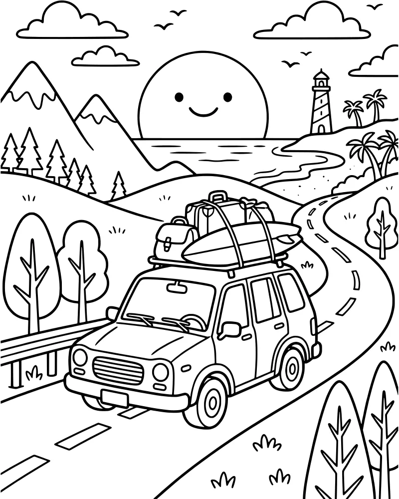A cartoon car with a surfboard and luggage on top driving on a winding road with a smiling sun, lighthouse, and mountains in the background.