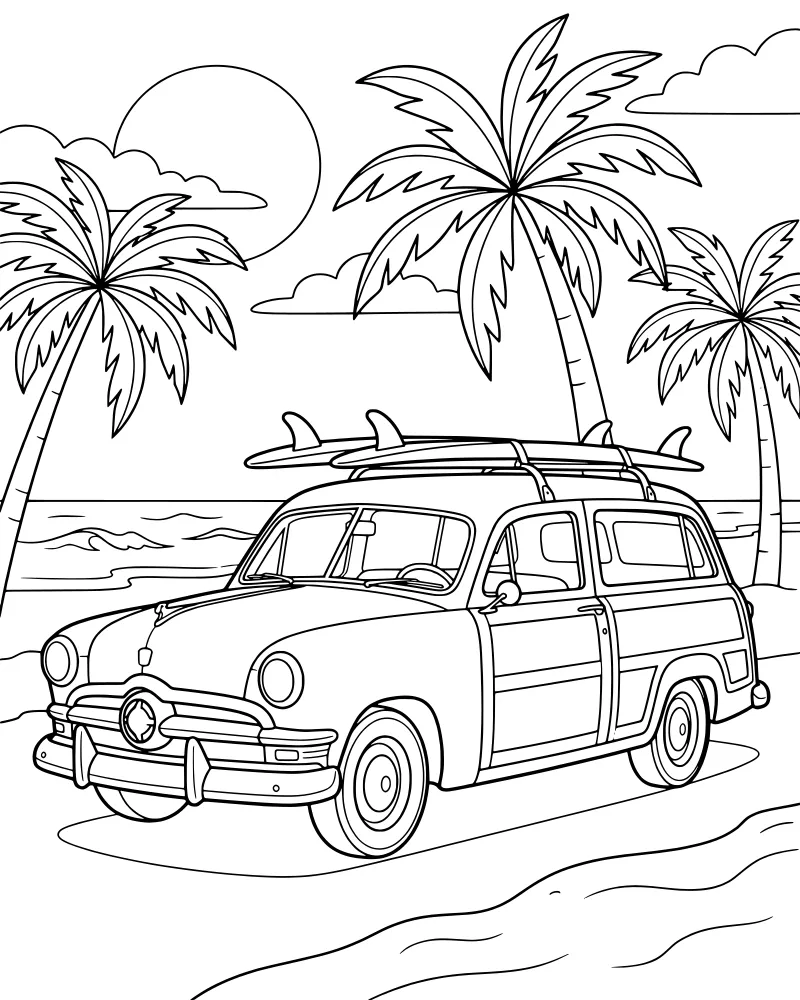 Cartoon vintage station wagon with surfboards on the roof parked on a beach with palm trees and ocean waves.