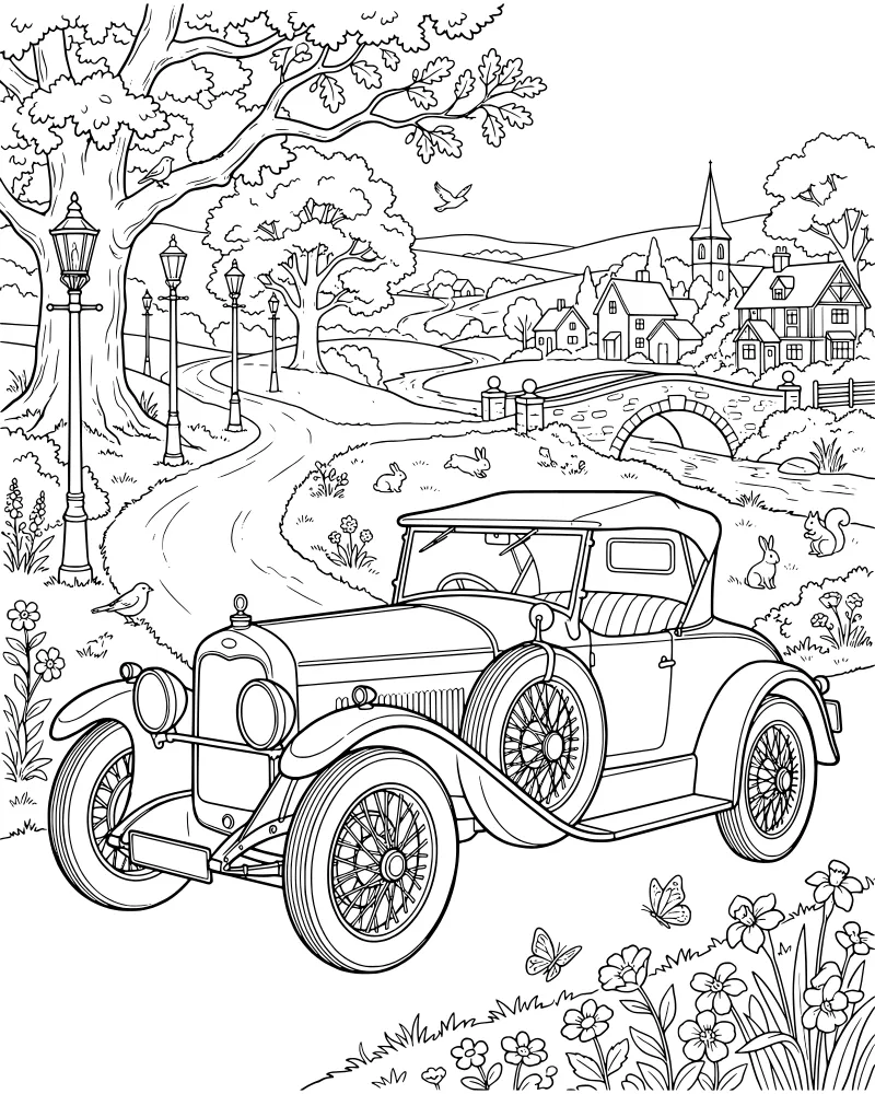 A vintage car parked on a winding road leading to a small village with a church, hills, and an oak tree.