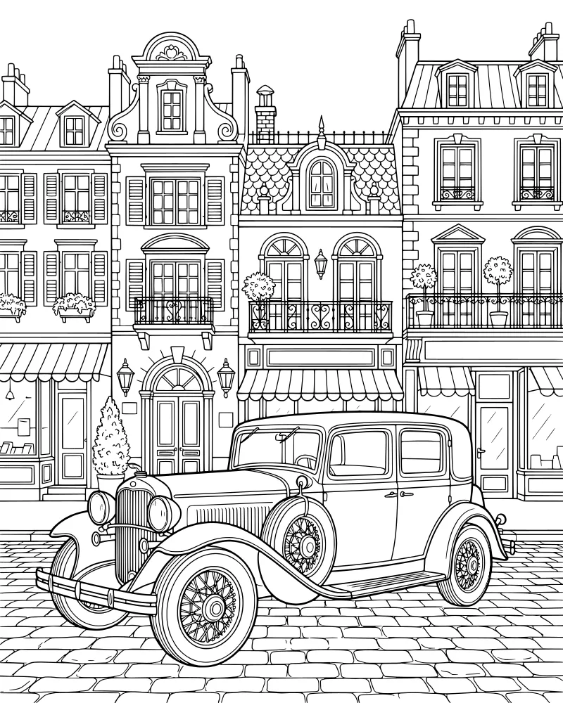 A cartoon-style vintage car parked on a cobblestone street in front of tall European buildings with balconies and shutters.