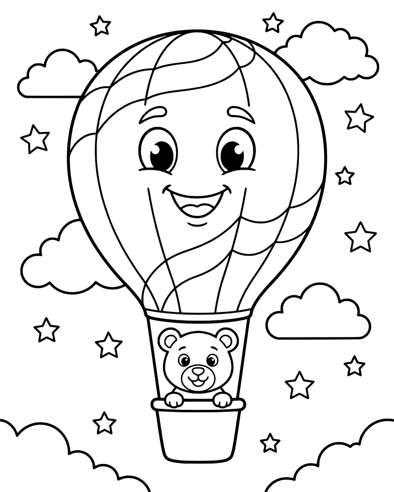 A cartoon bear sitting in the basket of a smiling hot air balloon floating in a sky filled with clouds and stars.
